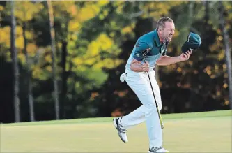  ?? HARRY HOW GETTY IMAGES ?? Sergio Garcia celebrates after defeating Justin Rose on the first playoff hole during the final round of the 2017 Masters Tournament at Augusta National Golf Club on April 9, 2017 in Augusta, Georgia.