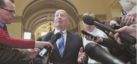  ?? AP PHOTO ?? ECONOMIC ELIXIR: House Ways and Means Committee Chairman Rep. Kevin Brady (R-Texas) speaks to reporters Friday on Capitol Hill, about the progress of an agreement on the tax legislatio­n.