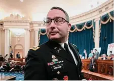  ?? J. Scott Applewhite / Associated Press ?? Army Lt. Col. Alexander Vindman takes a break from testifying before the House Intelligen­ce Committee in 2019.