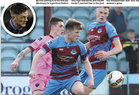  ??  ?? Drogheda United’s teenage defenders Conor Kane and Ciaran Kelly keep the Wexford attack in check. Inset: Kealan Dillon.