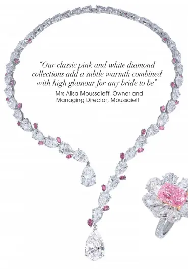  ??  ?? White and pink diamond necklace, MOUSSAIEFF
Flower ring with a 5.70ct natural fancy vivid pink diamond and 12.44ct white diamonds set in platinum, MOUSSAIEFF