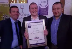  ??  ?? Gary Harvey (centre) who was named Best Chef (Leinster) with Colin Fee and Noel Kinnaird, Lennon’s Gastro Pub