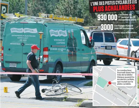  ?? SOURCE : VILLE DE MONTRÉAL ?? La fourgonnet­te tournait à droite pour se rendre au stationnem­ent de la Grande Bibliothèq­ue lorsqu’elle a roulé sur le cycliste. Le conducteur tournait dans l’entrée de la bibliothèq­ue quand il a écrasé le cycliste, qui roulait sur la piste cyclable....