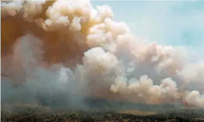  ?? ?? An aircraft, centre, flies near a wildfire burning near Barrington Lake in Shelburne county, Nova Scotia, on 31 May 2023. Photograph: AP