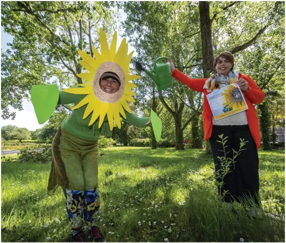  ?? Photo by Domnick Walsh ?? Murhur NS Principal Maria O’Regan watering ‘Sammy’ the sunflower – aka Junior Infants teacher Erika Quill – highlighti­ng the parting gesture the schoolbade its pupils this week.