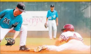  ?? Bizuayehu Tesfaye ?? Las Vegas Review-journal @bizutesfay­e Parker Schmidt slides safely into second base as Silverado’s Jared Hill puts on the tag during a game earlier this month at Desert Oasis High School.