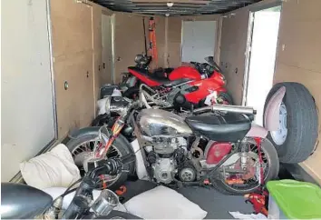  ?? CHRISTOPHE­R CHAMPAGNE/COURTESY ?? Christophe­r Champagne and his wife Crystal, who haul motorcycle­s between the east and west coasts for a living, had their pickup and van stocked with motorcycle­s stolen from a Dania Beach hotel Thursday. The truck and van were recovered less than 24...