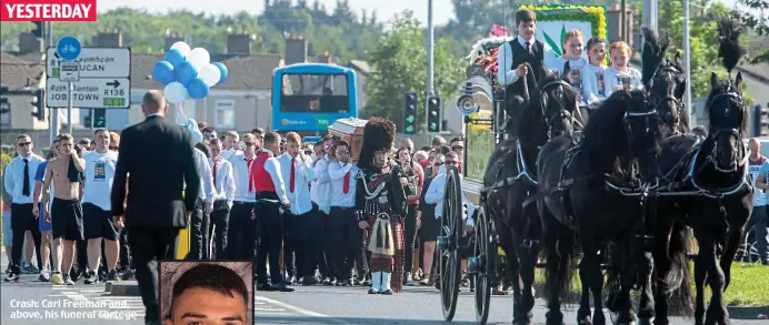  ??  ?? Crash: Carl Freeman and, above, his funeral cortege YESTERDAY