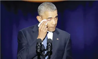  ??  ?? CHICAGO: This file photo shows US President Barack Obama crying as he speaks during his farewell address in Chicago, Illinois.—AFP