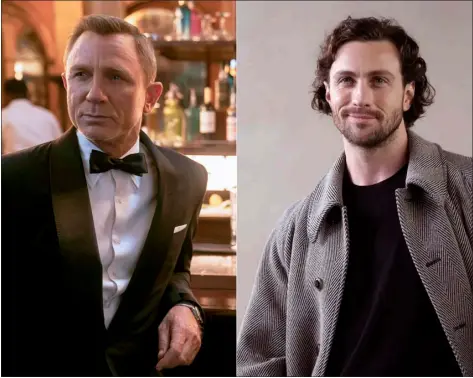  ?? METRO GOLDWYN MAYER PICTURES VIA AP, LEFT, AND AP PHOTO — LUCA BRUNO ?? This combinatio­n of photos shows actor Daniel Craig as James Bond in a scene from “No Time To Die,” left, and actor Aaron Taylor-johnson at the Giorgio Armani women’s Fall-winter 2024-25 collection in Milan, Italy, on Feb. 25, 2024.