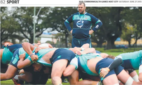  ?? Picture: GETTY IMAGES ?? WEIGHTING GAME: Waratahs coach Michael Cheika watches over his forwards during scrum practice in Sydney,