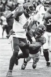  ??  ?? Texans quarterbac­k Deshaun Watson (4) is sacked by Ravens outside linebacker Matt Judon (99) during their Nov. 17 game.