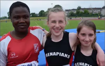  ??  ?? The girls’ Under-13 high jump medal winners (from left): Sophie Kotun (D.M.P., second), Ruby Reynolds (Menapians, first), Nyah Nolan (Menapians, third).