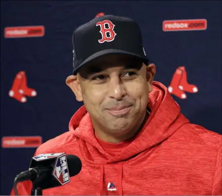  ?? THE ASSOCIATED PRESS ?? In this Oct. 21, 2018, file photo, Boston Red Sox manager Alex Cora speaks to media during a baseball work out at Fenway Park in Boston, as they prepare for the World Series against the Los Angeles Dodgers.