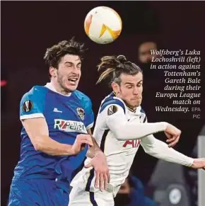  ?? EPA PIC ?? Wolfsberg’s Luka Lochoshvil­i (left) in action against Tottenham’s Gareth Bale during their Europa League match on Wednesday.