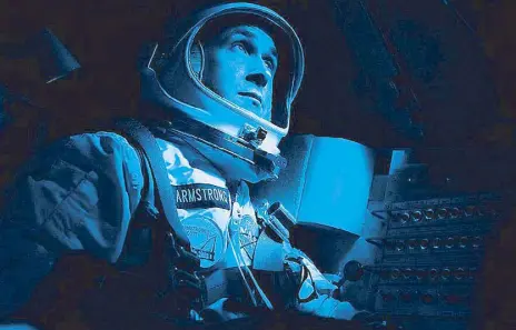  ??  ?? Space odyssey: Ryan Gosling plays US astronaut Neil Armstrong in First Man, in a shot echoing Kubrick’s 2001.
