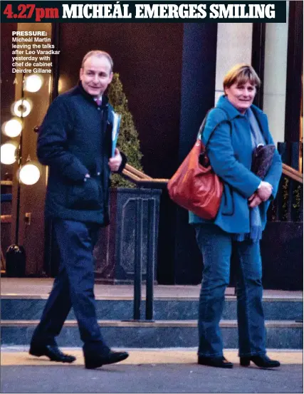  ??  ?? pressUre: Micheál Martin leaving the talks after Leo Varadkar yesterday with chef de cabinet Deirdre Gillane