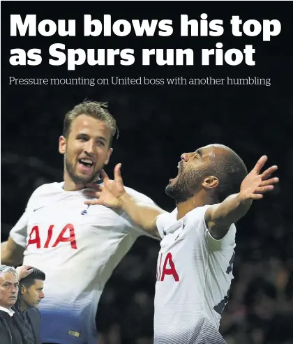  ?? Photos / AP ?? Harry Kane (left) and Lucas Moura scored Spurs’ three goals, handing Jose Mourinho his first loss to Mauricio Pochettino at Old Trafford (inset).