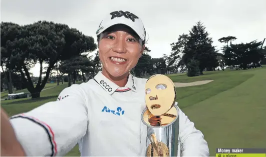  ?? PHOTO: GETTY IMAGES ?? Back in the limelight . . . New Zealander Lydia Ko imitates taking a selfie after winning the Mediheal Championsh­ip at Lake Merced Golf Club in Daly City, California, yesterday.