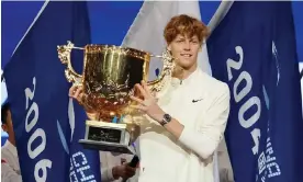  ?? ?? Jannik Sinner beat the No 1 and 2 seeds, Carlos Alcaraz and Daniil Medvedev, to get his hands on the China Open trophy. Photograph: Anadolu Agency/Getty Images