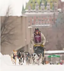  ?? JACQUES BOISSINOT/ THE CANADIAN PRESS ?? A musher races his six-dog sled during the winter carnival in 2012. Other events include axe-throwing and ice-canoe racing.