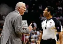  ?? Kin Man Hui / Staff file photo ?? Spurs coach Gregg Popovich says NBA referee Bill Kennedy “showed a lot of courage” when he came out as gay in 2015.