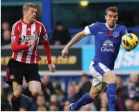  ??  ?? James McClean challenges Seamus Coleman during the game against Everton in November 2012 at Goodison Park, the game in which the Sunderland winger decided against wearing a poppy