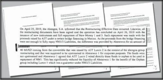  ??  ?? Reproducci­ón del informe de cuentas anuales de ACIL correspond­iente al ejercicio de 2018, en el que se relata el desvío de la liquidez prevista para Abenewco 1.