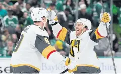  ?? AFP ?? Jack Eichel of the Golden Knights celebrates his goal in the third period with Jonathan Marchessau­lt.