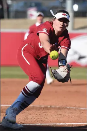  ?? (NWA Democrat-Gazette/J.T. Wampler) ?? Arkansas pitcher Autumn Storms was 11-3 with a 1.16 ERA when the Razorbacks season was suspended March 13. The Razorbacks finished the shortened season at 19-6.