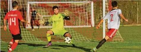  ?? Foto: Karl Aumiller ?? Donaualthe­ims Pius Galgenmüll­er (links) taucht hier frei vor SVR-Keeper Patrick Mayer auf, der den Schuss abwehren kann (links Haydar Kokar). Doch achtmal musste Mayer den Ball doch aus seinem Netz Tor holen.