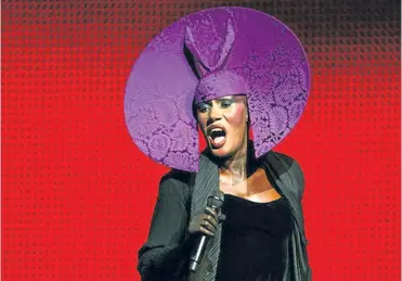  ??  ?? ▼ ’80s megastar Grace Jones, now a spritely 69, continues to perform flamboyant­ly.