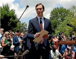  ?? PHOTO: REUTERS ?? Senior Adviser to the President Jared Kushner walks from the lectern after speaking outside the West Wing of the White House.