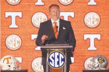  ?? SEC PHOTO BY JIMMIE MITCHELL ?? Tennessee football coach Josh Heupel speaks Tuesday during his first appearance at Southeaste­rn Conference Media Days in Hoover, Ala.