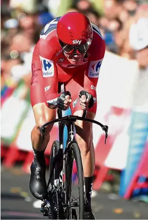  ?? — AFP ?? Looking good: Sky’s British cyclist Christophe­r Froome crossing the finish line to win Stage 16 of the Vuelta A Espana on Tuesday.
