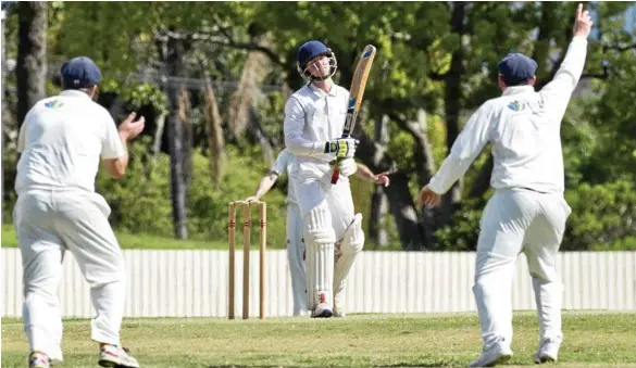  ?? PHOTO: NEV MADSEN ?? CAUGHT OUT: The moment University’s James Bidgood realises he was caught out by Laidley in round eight of the Harding-Madsen Shield.