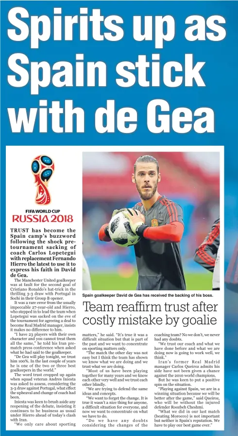  ??  ?? Spain goalkeeper David de Gea has received the backing of his boss.