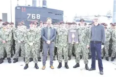  ??  ?? Gerard Butler and film director Donovan Marsh participat­e in Battenberg Cup Presentati­on to USS Hartford pierside during ‘Hunter Killer’ cast visit to Naval Submarine Base New London recently in Groton, Connecticu­t. — AFP photos