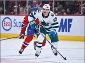  ?? MINAS PANAGIOTAK­IS — GETTY IMAGES FILE ?? Matt Nieto of the San Jose Sharks skates against the Montreal Canadiens during the second period at Centre Bell on Nov. 29 in Montreal, Quebec, Canada.