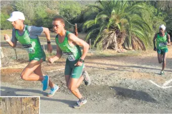  ?? Foto’s: Christo Vermaak ?? Die 9,5 km-veldwedloo­pwenners, is van links Francois Maquassa, Godwin Heyns en Anderson Ncube.