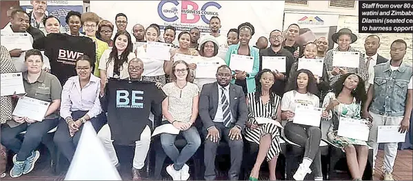  ?? (Courtesy Pic) ?? Staff from over 80 companies and public agencies in Eswatini and Zimbabwe with Business Eswatini CEO Nathi Dlamini (seated centre with BE T-shirt). They taught how to harness opportunit­ies under AfCFTA.