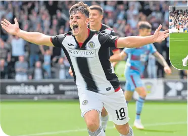  ??  ?? St Mirren’s Danny Mullen scores the first of his two goals to make it 1-0 St Mirren