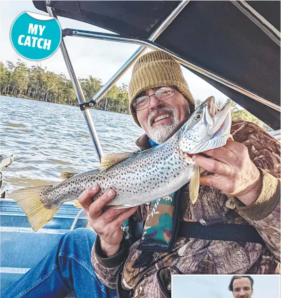  ??  ?? Robert Postma, above, seems very happy with his trout capture from Lake Leake on a fly; and Nicholas Shelverton, right, is also pleased with his Great Lake brown trout catch.