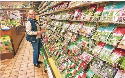  ??  ?? Brigitte Ilbertz führt mehr als 1500 Samen und Blumenzwie­beln. Die deutschen und lateinisch­en Namen kennt sie – kein Wunder, denn als Kind schon hat sie die Tüten sortiert und Kunden bedient.