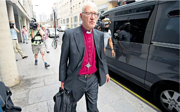  ??  ?? Lord Carey, the former Archbishop of Canterbury, leaving the Independen­t Inquiry into Child Sexual Abuse yesterday after his extraordin­ary admissions regarding the offences of Peter Ball, the former Bishop of Gloucester