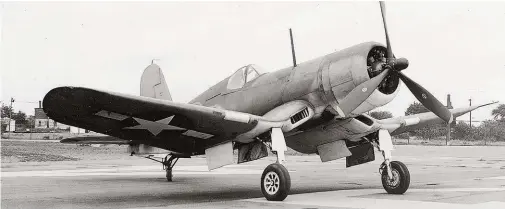 ??  ?? On F4U-1D Bu. No. 17781, you can see the stall tripper strip on the leading edge of the right wing just outboard of the linen patch that covers the gun ports. This improved the stall characteri­stics of the F4U-1D compared with the XF4U, but the stall characteri­stics were still well below the minimums that Grumman would have allowed for one of its airplanes to be delivered to the Navy. (Photo courtesy of Grumman)