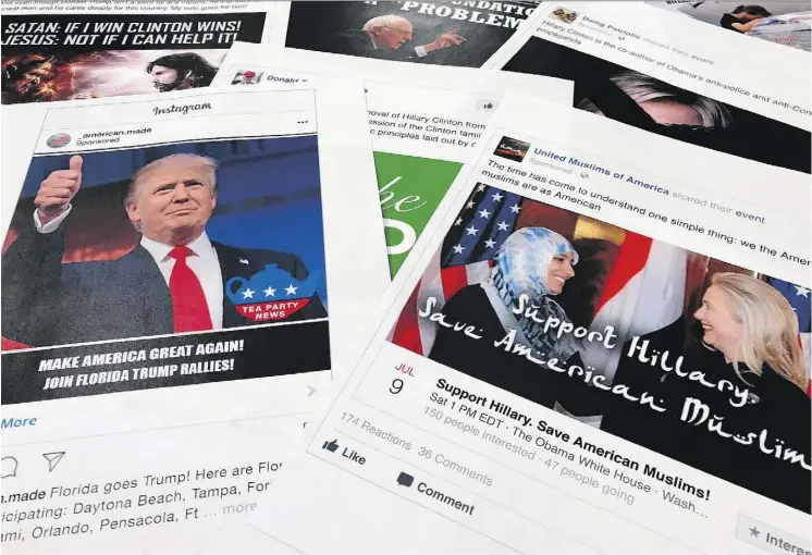  ?? JON ELSWICK/AP FILES ?? These Facebook and Instagram ads were linked to a Russian effort to disrupt the American elections in 2016. Russians and other parties with destructiv­e agendas have not only meddled in the United States using social media as weapons — they have tried...