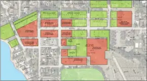  ?? Contribute­d ?? A map showing properties proposed for sale by the Naramata Centre.The areas shaded in red have been identified as surplus.