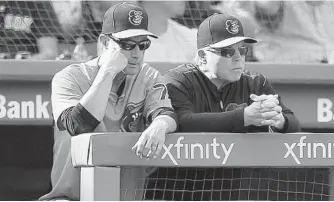  ?? MICHAEL DWYER/ASSOCIATED PRESS ?? Orioles manager Buck Showalter, right, and bench coach John Russell watch from the dugout during the sixth inning of their team’s Game 1 loss to the Red Sox at Fenway Park on Wednesday afternoon.