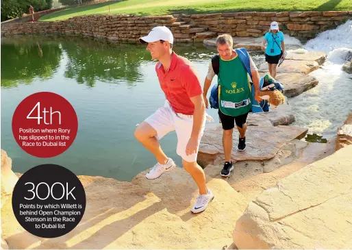  ?? Getty Images ?? Position where Rory has slipped to in the Race to Dubai list Points by which Willett is behind Open Champion Stenson in the Race to Dubai list Rory McIlroy walks down the 6th hole with caddie JP Fitzgerald during a pro-am round ahead of the DP World...